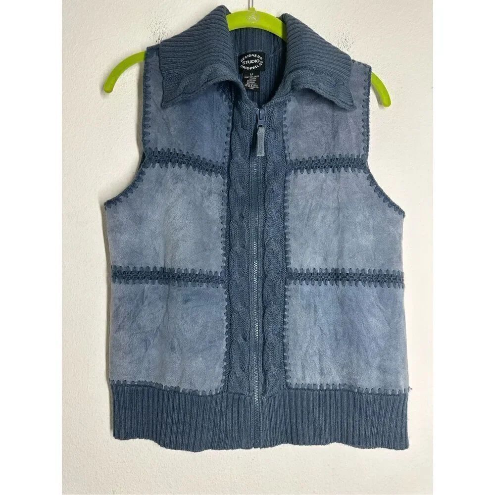 Vintage Designers Originals Studio Vest Leather Knit Trim Full Zip Blue Size M